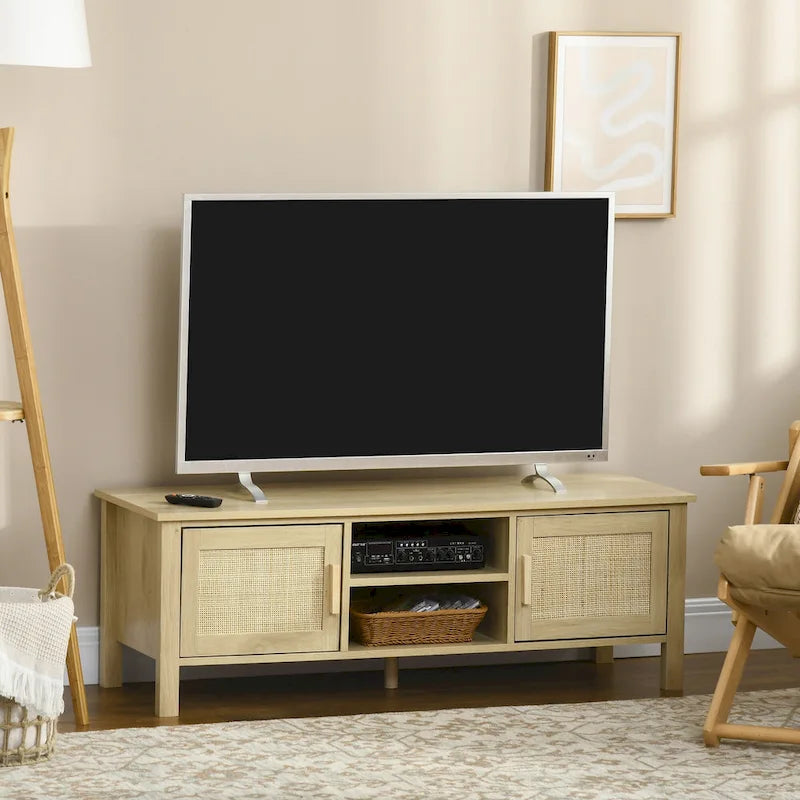 47.3 TV Stand with Rattan Door & Storage for Under 60 TVs