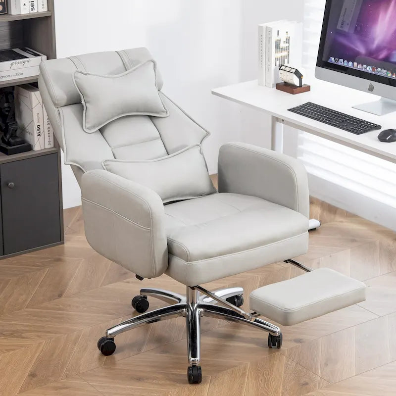 Light Grey Leather Swivel Office Recliner, Lumbar Support, Footrest