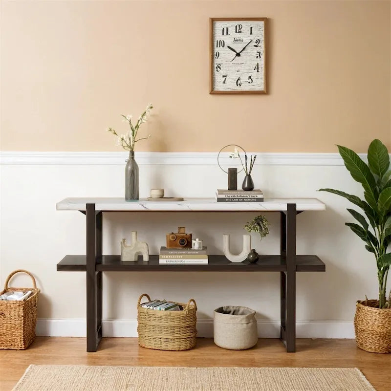 Retro Elegant Console Table with Marble-Effect Top & Versatile Storage