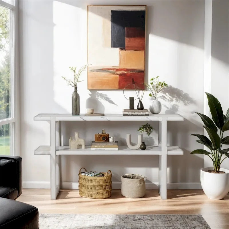 Retro Elegant Console Table with Marble-Effect Top & Versatile Storage