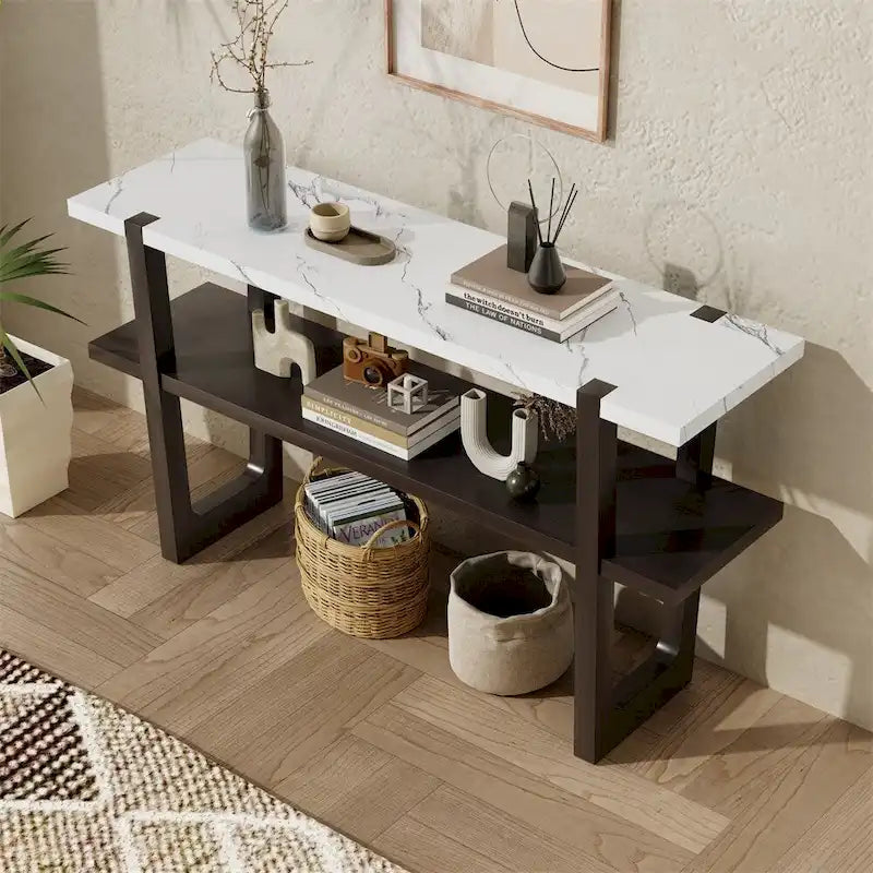 Retro Elegant Console Table with Marble-Effect Top & Versatile Storage