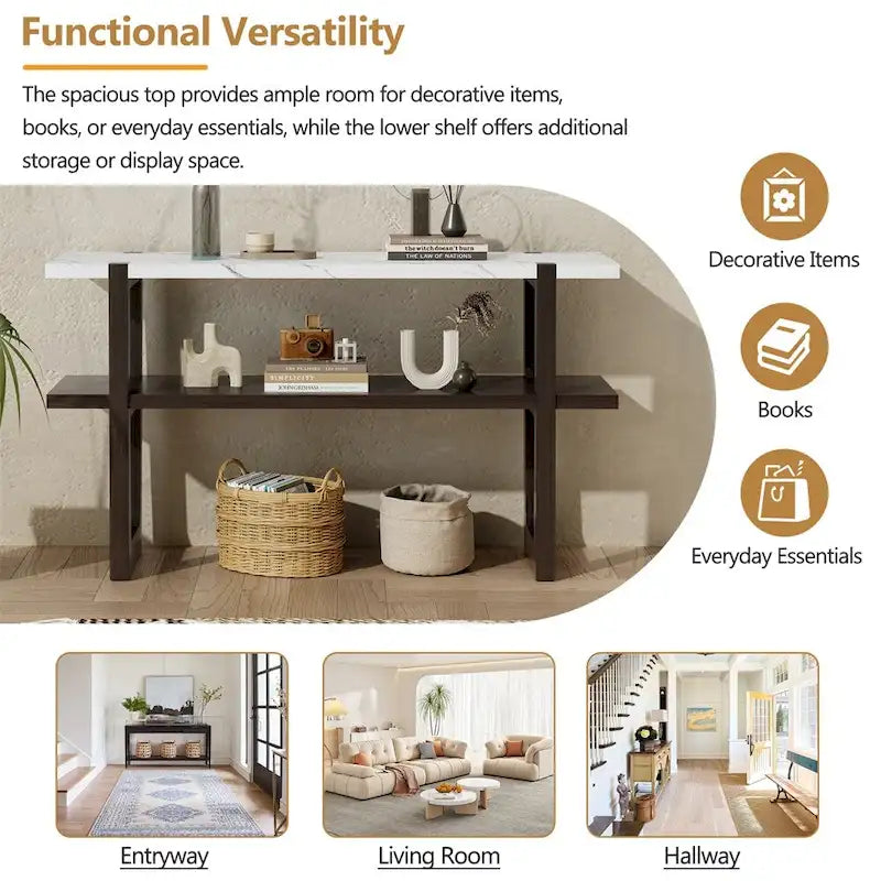 Retro Elegant Console Table with Marble-Effect Top & Versatile Storage