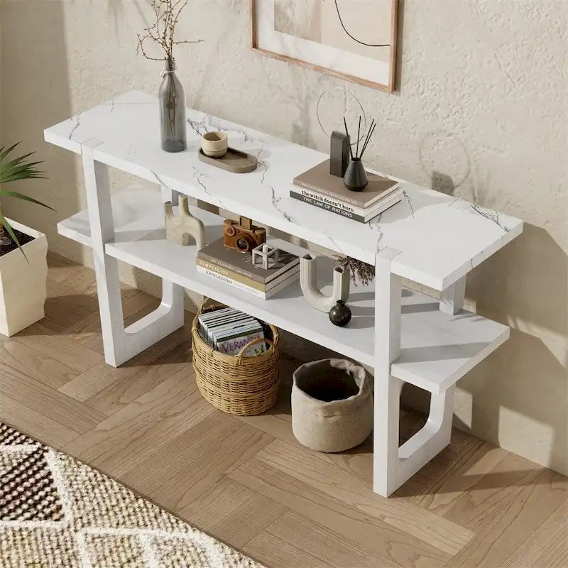 Retro Elegant Console Table with Marble-Effect Top & Versatile Storage