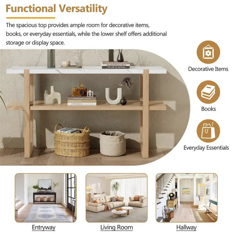 Retro Elegant Console Table with Marble-Effect Top & Versatile Storage