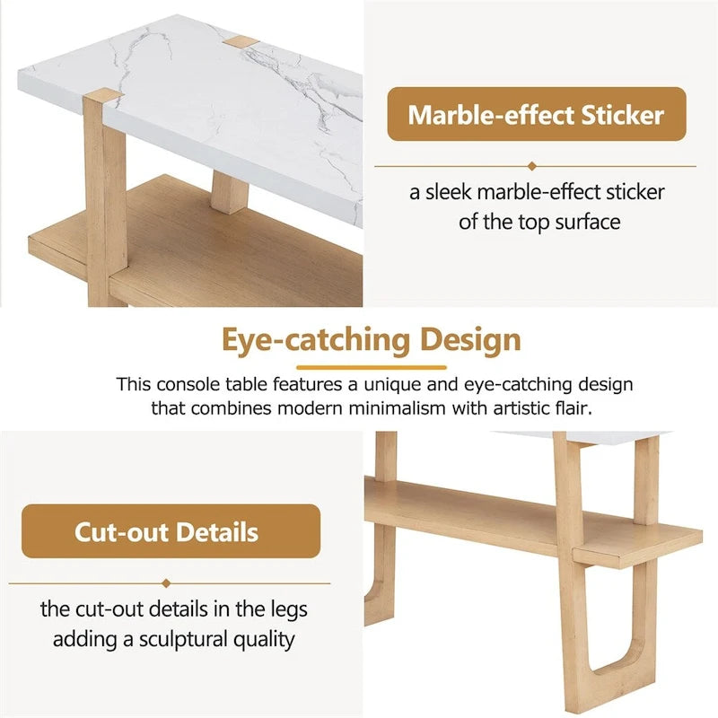 Retro Elegant Console Table with Marble-Effect Top & Versatile Storage