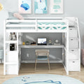 Full Size Loft Bed with Desk and Shelves, Two Built-in Drawers, Storage Staircase