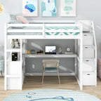 Full Size Loft Bed with Desk and Shelves, Two Built-in Drawers, Storage Staircase