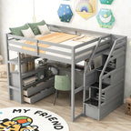 Full Size Loft Bed with Desk and Shelves, Two Built-in Drawers, Storage Staircase