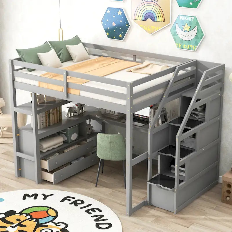 Full Size Loft Bed with Desk and Shelves, Two Built-in Drawers, Storage Staircase