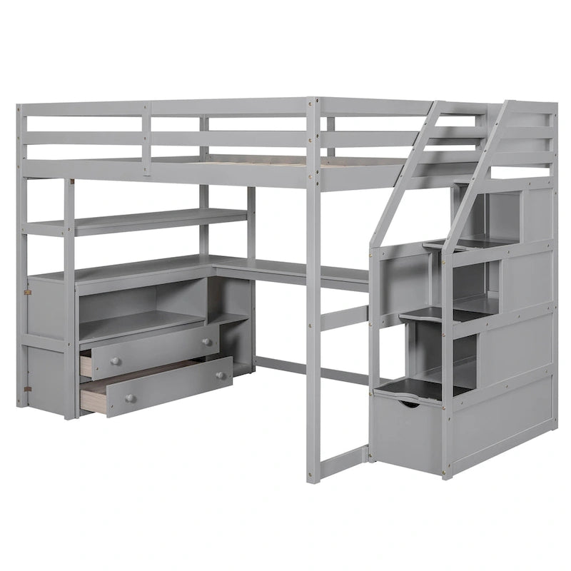 Full Size Loft Bed with Desk and Shelves, Two Built-in Drawers, Storage Staircase