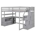 Full Size Loft Bed with Desk and Shelves, Two Built-in Drawers, Storage Staircase