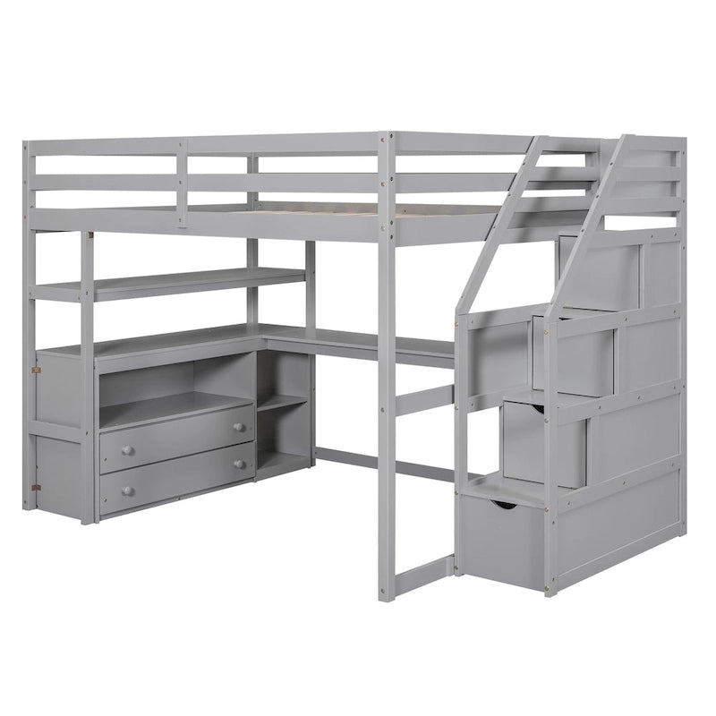 Full Size Loft Bed with Desk and Shelves, Two Built-in Drawers, Storage Staircase
