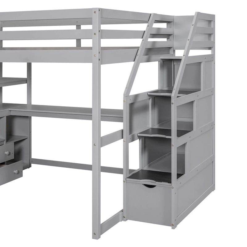 Full Size Loft Bed with Desk and Shelves, Two Built-in Drawers, Storage Staircase