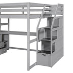 Full Size Loft Bed with Desk and Shelves, Two Built-in Drawers, Storage Staircase
