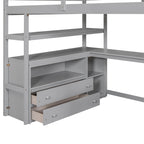 Full Size Loft Bed with Desk and Shelves, Two Built-in Drawers, Storage Staircase
