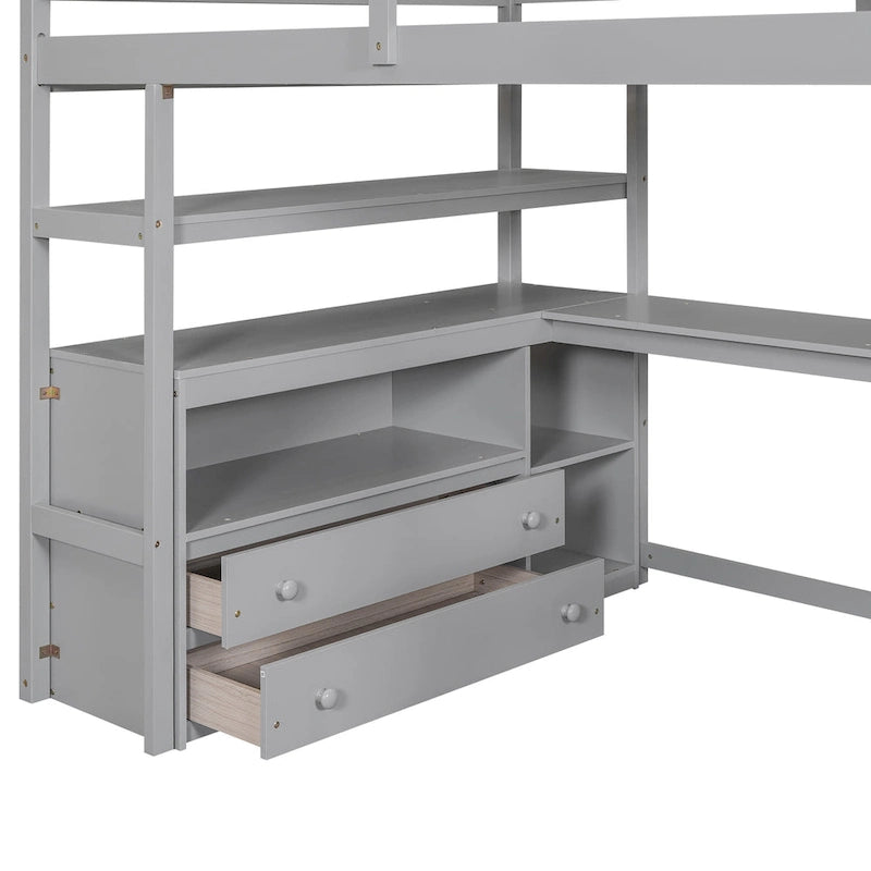 Full Size Loft Bed with Desk and Shelves, Two Built-in Drawers, Storage Staircase
