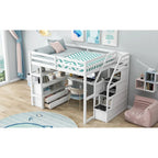 Full Size Loft Bed with Desk and Shelves, Two Built-in Drawers, Storage Staircase
