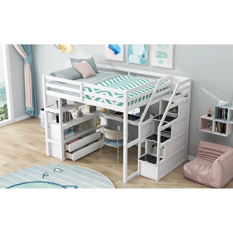 Full Size Loft Bed with Desk and Shelves, Two Built-in Drawers, Storage Staircase