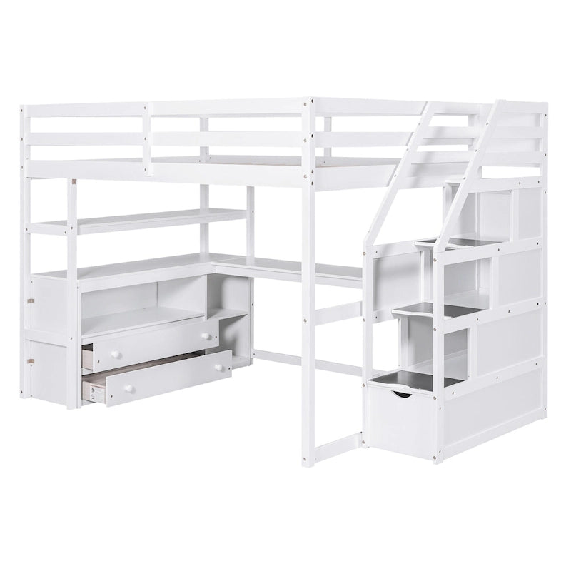 Full Size Loft Bed with Desk and Shelves, Two Built-in Drawers, Storage Staircase