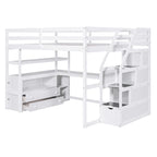 Full Size Loft Bed with Desk and Shelves, Two Built-in Drawers, Storage Staircase