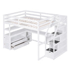 Full Size Loft Bed with Desk and Shelves, Two Built-in Drawers, Storage Staircase