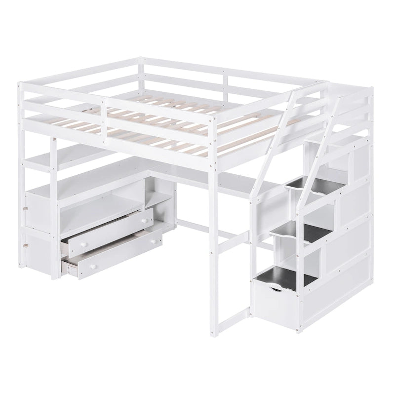 Full Size Loft Bed with Desk and Shelves, Two Built-in Drawers, Storage Staircase