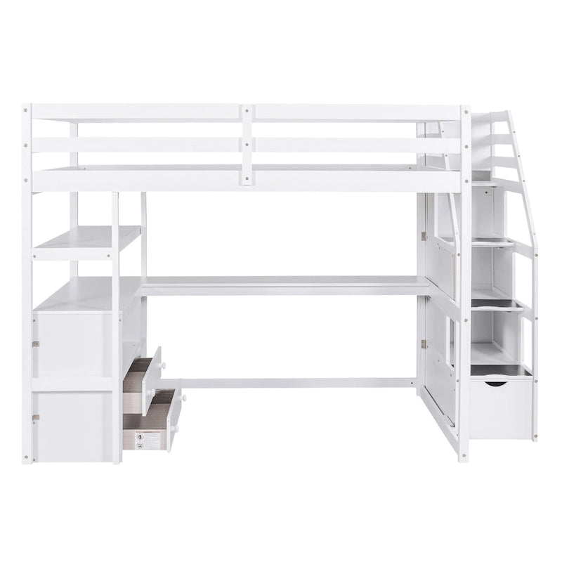 Full Size Loft Bed with Desk and Shelves, Two Built-in Drawers, Storage Staircase