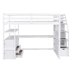 Full Size Loft Bed with Desk and Shelves, Two Built-in Drawers, Storage Staircase