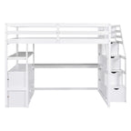 Full Size Loft Bed with Desk and Shelves, Two Built-in Drawers, Storage Staircase