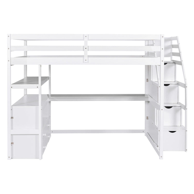 Full Size Loft Bed with Desk and Shelves, Two Built-in Drawers, Storage Staircase