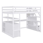 Full Size Loft Bed with Desk and Shelves, Two Built-in Drawers, Storage Staircase