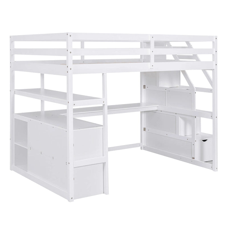 Full Size Loft Bed with Desk and Shelves, Two Built-in Drawers, Storage Staircase