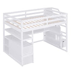 Full Size Loft Bed with Desk and Shelves, Two Built-in Drawers, Storage Staircase