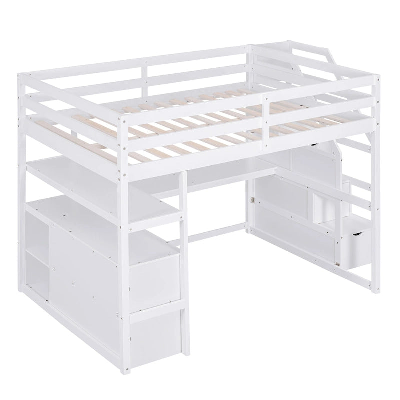 Full Size Loft Bed with Desk and Shelves, Two Built-in Drawers, Storage Staircase