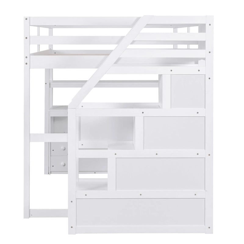 Full Size Loft Bed with Desk and Shelves, Two Built-in Drawers, Storage Staircase