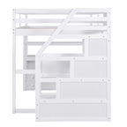 Full Size Loft Bed with Desk and Shelves, Two Built-in Drawers, Storage Staircase
