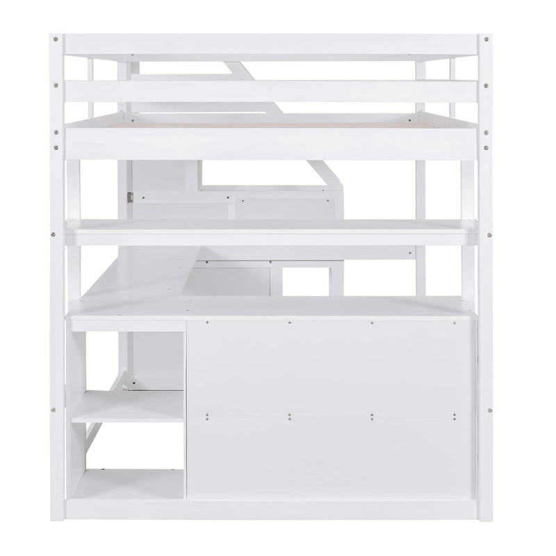 Full Size Loft Bed with Desk and Shelves, Two Built-in Drawers, Storage Staircase