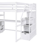 Full Size Loft Bed with Desk and Shelves, Two Built-in Drawers, Storage Staircase