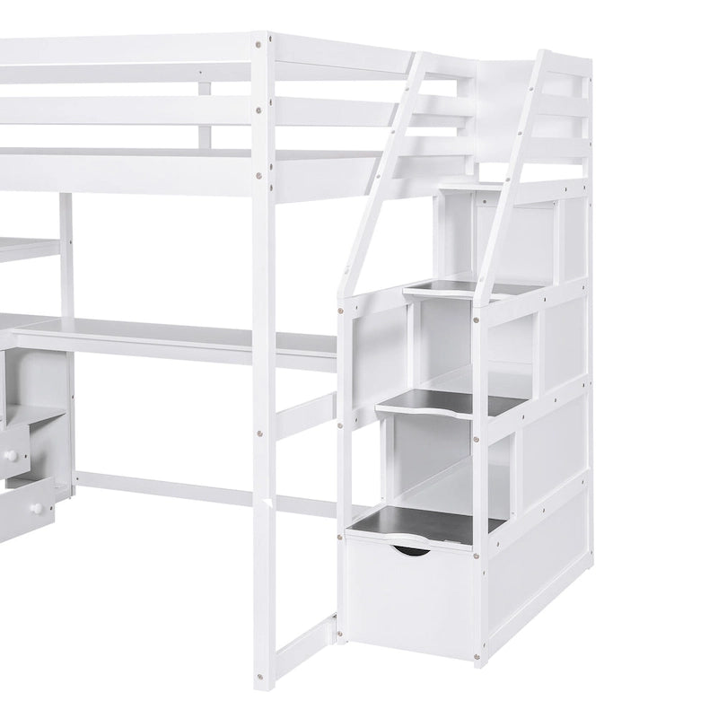 Full Size Loft Bed with Desk and Shelves, Two Built-in Drawers, Storage Staircase