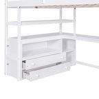 Full Size Loft Bed with Desk and Shelves, Two Built-in Drawers, Storage Staircase