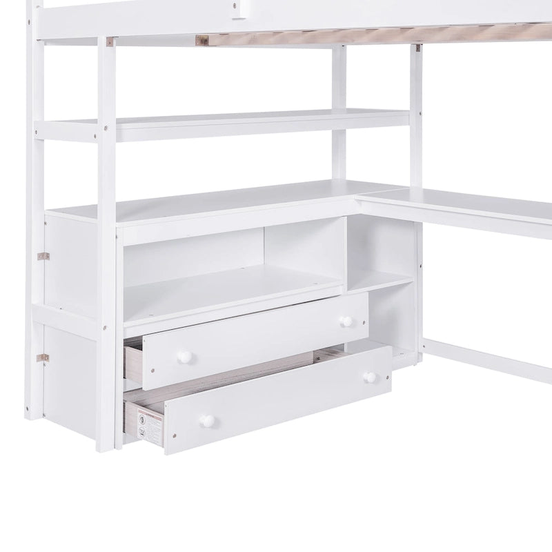 Full Size Loft Bed with Desk and Shelves, Two Built-in Drawers, Storage Staircase