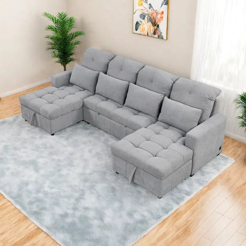 110 Oversized Chenille Convertible U-shaped Sectional Sofa with Pull-out Bed, Double Storage Chaise Lounges, and 2 USB Ports