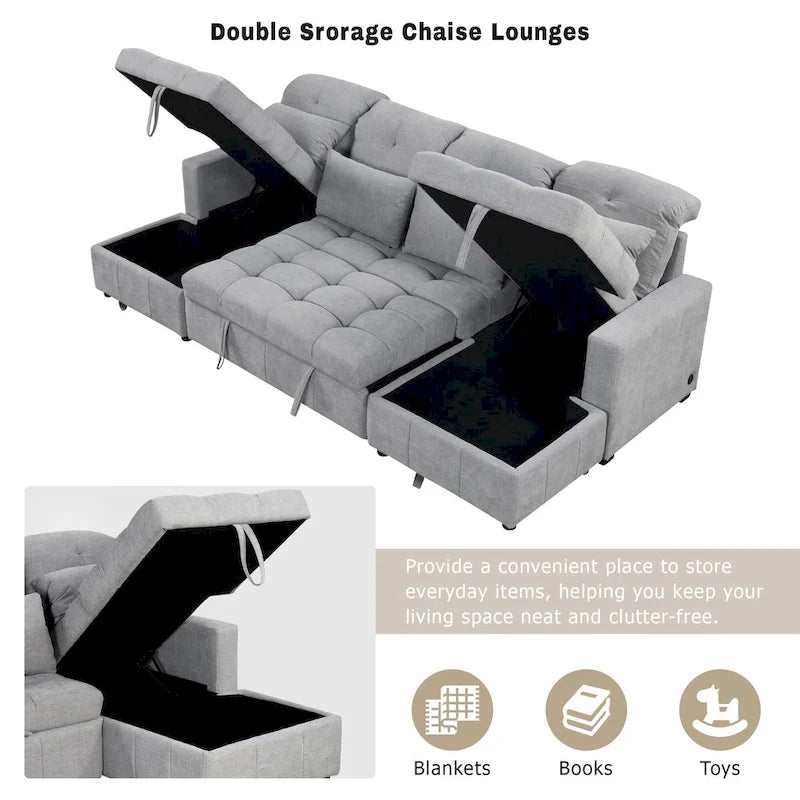 110 Oversized Chenille Convertible U-shaped Sectional Sofa with Pull-out Bed, Double Storage Chaise Lounges, and 2 USB Ports