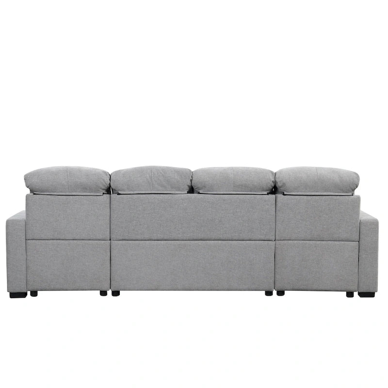 110 Oversized Chenille Convertible U-shaped Sectional Sofa with Pull-out Bed, Double Storage Chaise Lounges, and 2 USB Ports