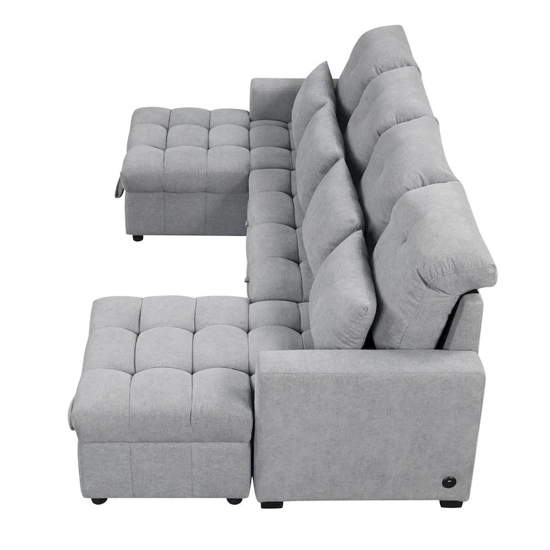 110 Oversized Chenille Convertible U-shaped Sectional Sofa with Pull-out Bed, Double Storage Chaise Lounges, and 2 USB Ports