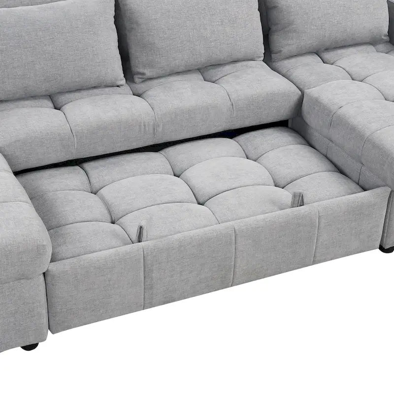 110 Oversized Chenille Convertible U-shaped Sectional Sofa with Pull-out Bed, Double Storage Chaise Lounges, and 2 USB Ports