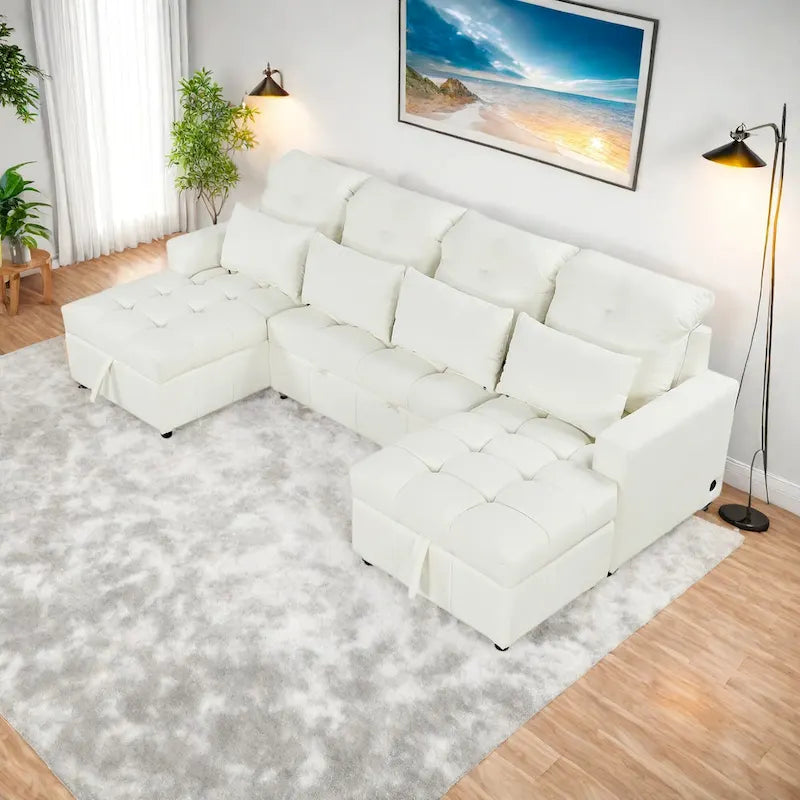 110 Oversized Chenille Convertible U-shaped Sectional Sofa with Pull-out Bed, Double Storage Chaise Lounges, and 2 USB Ports