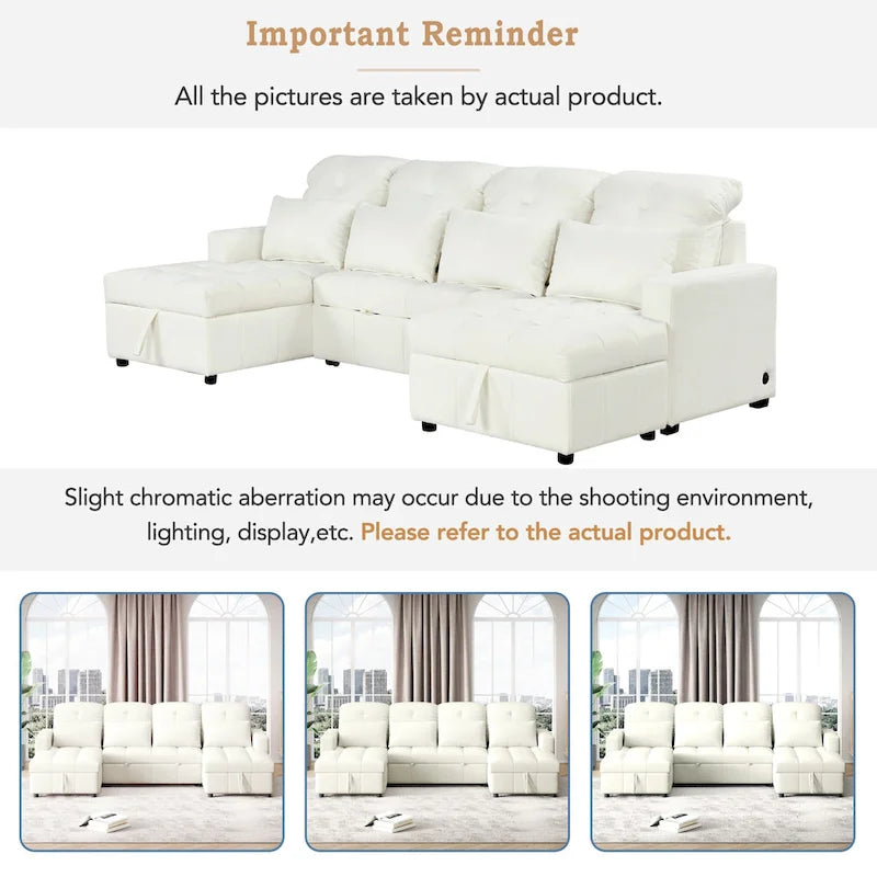 110 Oversized Chenille Convertible U-shaped Sectional Sofa with Pull-out Bed, Double Storage Chaise Lounges, and 2 USB Ports