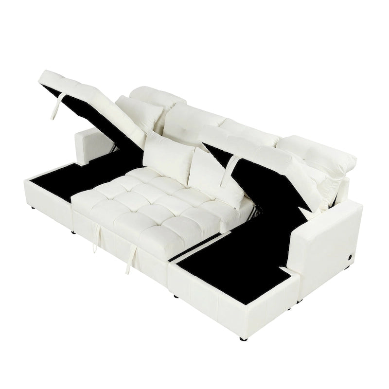110 Oversized Chenille Convertible U-shaped Sectional Sofa with Pull-out Bed, Double Storage Chaise Lounges, and 2 USB Ports