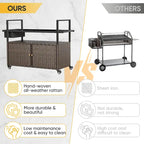 Outdoor Grill Cart Table with Wheels, Wicker Kitchen Island